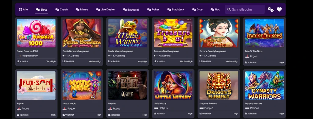 Spielkategorien: Slots, Live-Dealer, Tischspiele.
