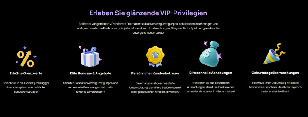 VIP-Privilgien: erhöhte Limits, exklusive Boni, schnellerer Support.