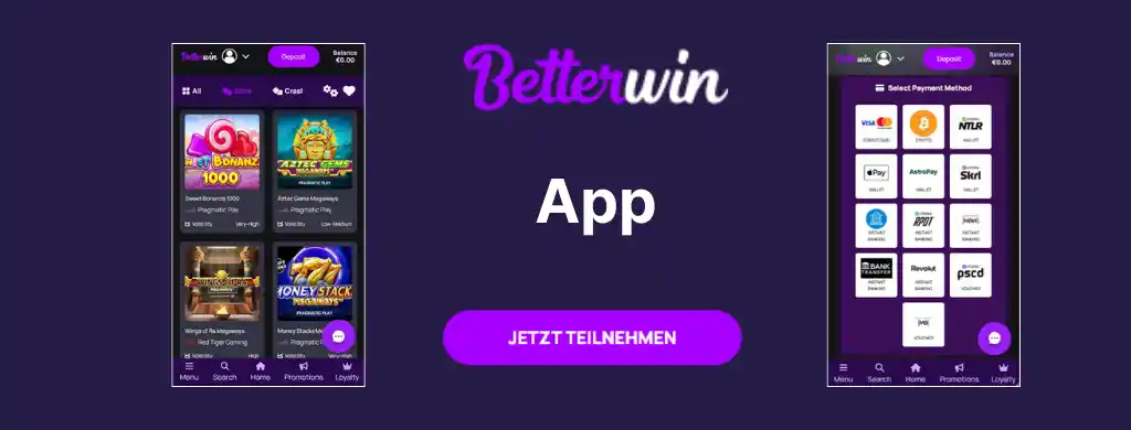 Betterwin-App-Bildschirm, der Slot-Spiele und Zahlungsoptionen zeigt.