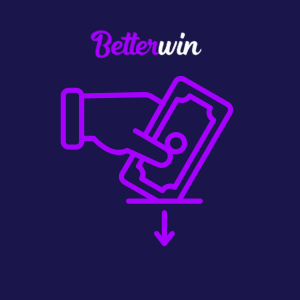 Ein dunkler Hintergrund mit dem Betterwin-Logo oben. Darunter ein Symbol einer Hand, die einen Geldschein in einen Schlitz mit einem Pfeil nach unten steckt.