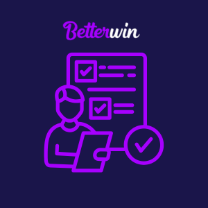Ein dunkler Hintergrund mit dem Betterwin-Logo oben. Darunter ein Symbol einer Person mit einer Checkliste, daneben eine weitere Liste mit Punkten und ein schwebendes Häkchen-Symbol.