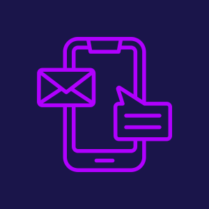 Ein Telefon-Symbol auf dunklem Hintergrund, daneben ein E-Mail-Umschlag und eine Sprechblase mit Textzeilen.